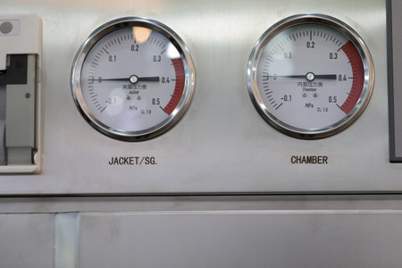 Industrial control panel with pressure gauges. Selective focus.