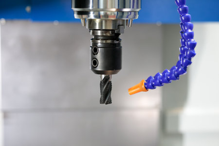 CNC milling machine spindle with roughing end mill cutter. Selective focus.の写真素材