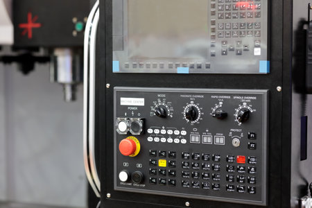 Control panel of CNC vertical machining center. Selective focus.