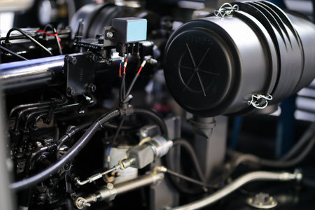 Close up view of industrial air compressor. Selective focus.