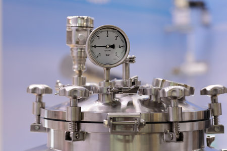Stainless steel jacketed heating pressure tank. Selective focus.の写真素材