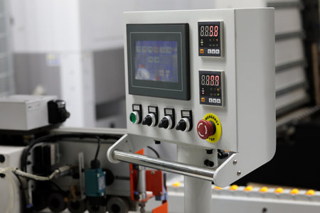 Control console of automatic edge banding machine. Selective focus.