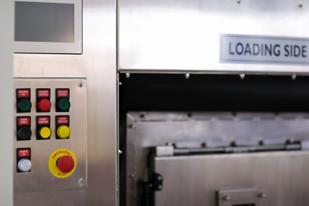 Control panel of hygienic barrier washer extractor. Selective focus.