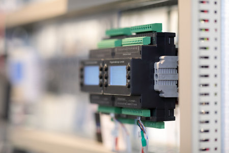 Programmable logic controllers mounted on DIN rail in a rack. Selective focus.