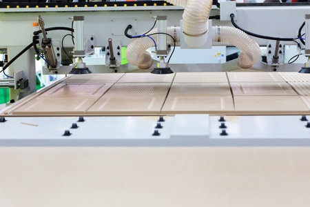 MDF furniture panels processing with woodworking CNC milling machine. Selective focus.