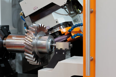 Industrial CNC gear grinding machine close up. Selective focus.