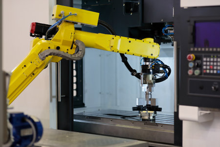 Collaborative robot loading workpieces into CNC machining center. Robotic work cell. Selective...