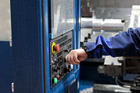 Operator controls CNC lathe machining center using control panel. Selective focus.