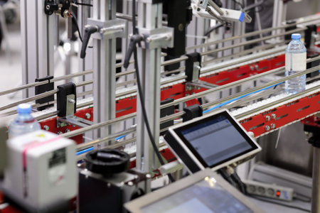 Conveyor system with touchscreen control panel in spring water bottling plant. Selective focus.