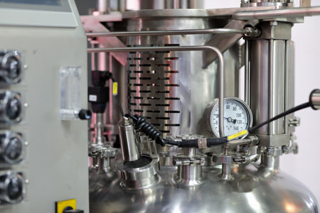 Industrial stainless steel reactor with temperature gauge in pharmaceutical factory. Selective...