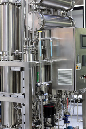 Sterile water for injection WFI making equipment. Automatic water for injection generation plant. Selective focus.の写真素材