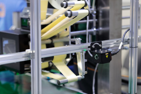 Conveyor line with automatic sticker labeling machine and industrial machine vision camera. Selective focus.の写真素材