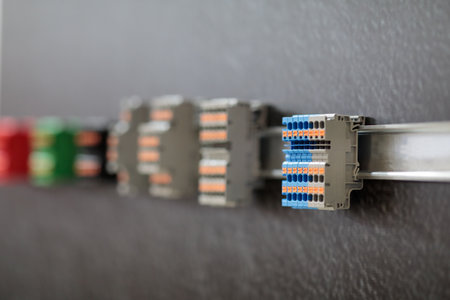 Different types of terminal blocks mounted on DIN rail close up. Selective focus.の写真素材