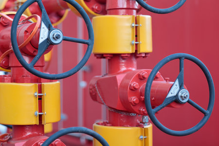 Industrial pipelines with hand wheel operated valves. Selective focus.の写真素材