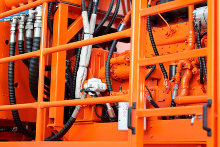 Frac blender unit hydraulic equipment close up. Trailer mounted hydraulic fracturing equipment for...