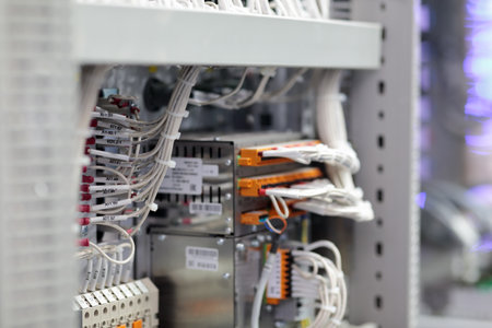 Close up of industrial control cabinet with electrical wiring system. Selective focus.