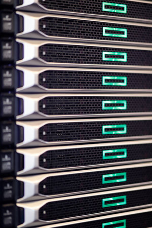 Cloud data storage server rack close up. Selective focus.の写真素材