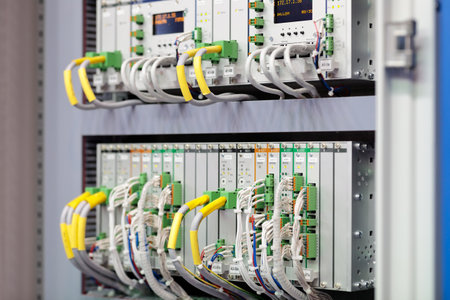 Industrial modular rack mounted control automation system close up. Selective focus.