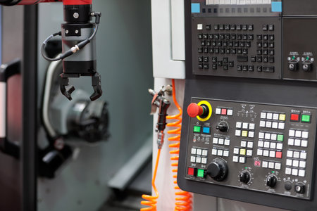 Cobot gripper and CNC lathe machine. Machine tending with collaborative robot or cobot. Automation...