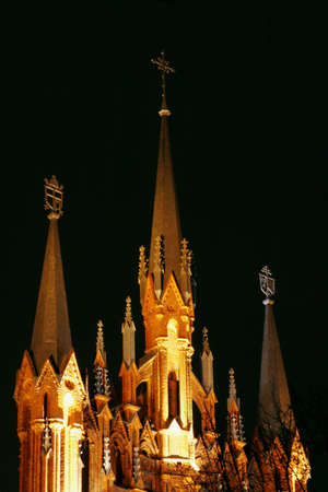 Outdoor of Catholic cathedral at night. Fragment.の写真素材
