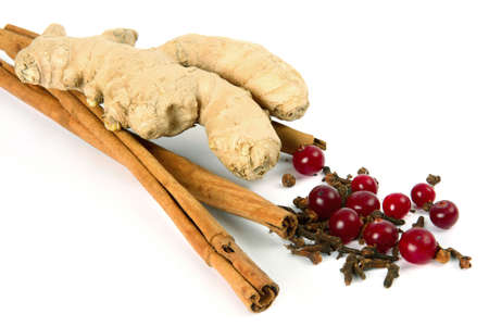 Cinnamon, carnation, ginger root and cranberry on white background.Spices and berries for a curative drink.の写真素材