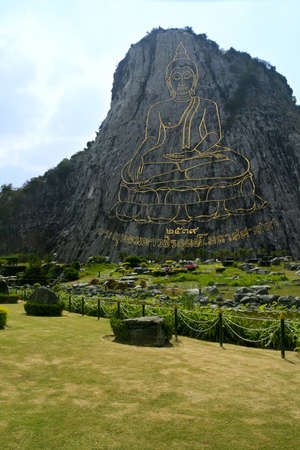 Gold contour of the Buddha on a mountain in Thailandの写真素材