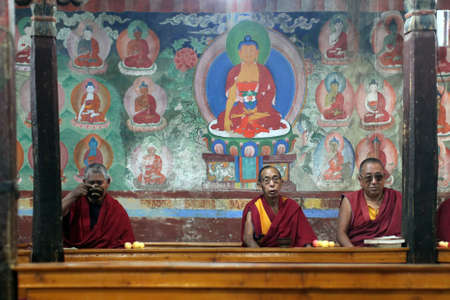 LADAKH - SEPTEMBER 4: Buddhist monks  have breakfast and pray on the morning ceremony on September...