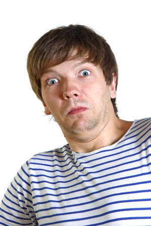 Surprise concept - amazed and confuse man isolated on whiteの写真素材