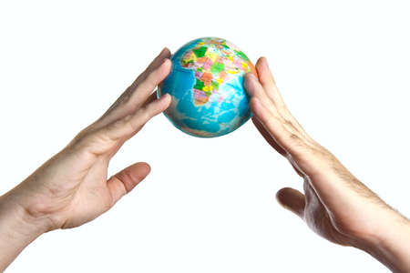 The universe in human hands. Isolated on white background