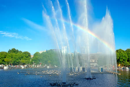 Fountain and beautiful rainbow in Gorky Park. Moscow. Russiaの写真素材