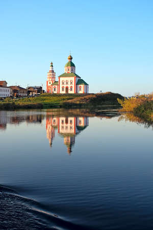 View of Kamenka river and orthodox church in old town Suzdal. Russiaの写真素材