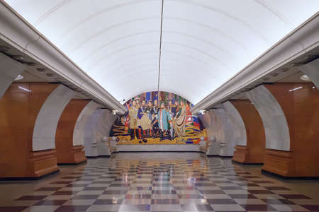 Moscow, Russia - May 4, 2017: The interior of the metro station "Park Pobedy" or "Victory Park" in Moscow. Opened on 6 may 2003.のeditorial素材