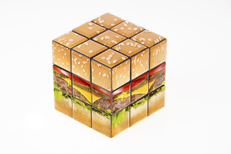 Cube puzzle with photo of a hamburger, isolated on white background. This cube puzzle does not exist...