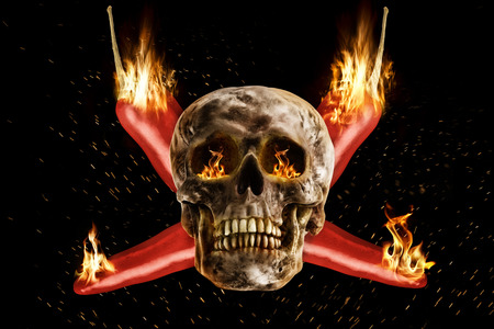 Skull and red hot pepper on fire on a black background. Photo manipulation artwork, 3D rendering.の写真素材