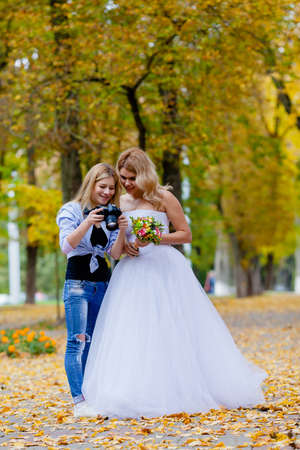 Wedding photographer discussing with the bride recently taken photosの写真素材