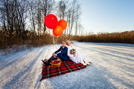 Bride and groom are sitting on the plaid with balloonsの写真素材