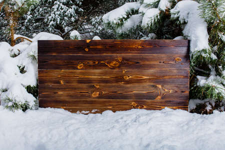 Wooden background made of planks in the winter pine forestの写真素材