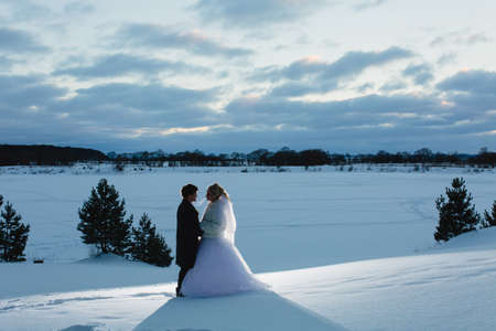 Bride and groom and winter lanscapeの写真素材