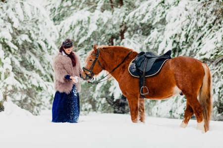 Beautiful young model with the horseの写真素材