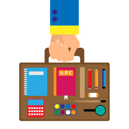 background in a flat style with a hand carrying school bag inside which the paints, pencil, pen, magnifier, ruler, notebook, ABC, calculator, eraser. background for the holiday back to schoolのイラスト素材