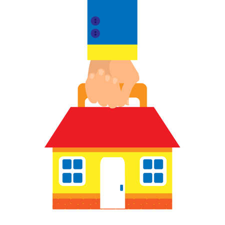 background in a flat style with a hand carrying a house on a white background. Business concept houses for sale.のイラスト素材