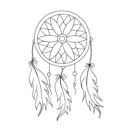 hand to draw a Dreamcatcher with beads and feathers of birdsのイラスト素材