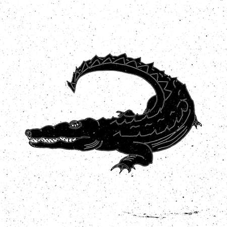 Hand drawn crocodile in grunge style, can be used as a print on a t-shirt, textile, background, sign for the farm, tattoo, poster zooのイラスト素材