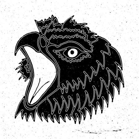 Drawing the head of a screaming eagle in grunge style, can be used as a print on a t-shirt, textile, background, sign for the zoo and shop hunting, icon, tattoo, posterのイラスト素材