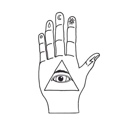 Sunburst, hand, ornaments and all seeing eye symbol. Illuminati symbolsのイラスト素材