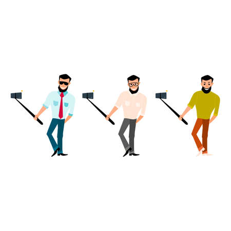 Set of smiling male with a beard hipster take photos selfie stick in the style of cartoons and flat isolated on white backgroundのイラスト素材