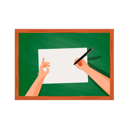 Hands on the table writing on a sheet of paper, top view in the style of Cartoon and flat, isolated on a white backgroundのイラスト素材