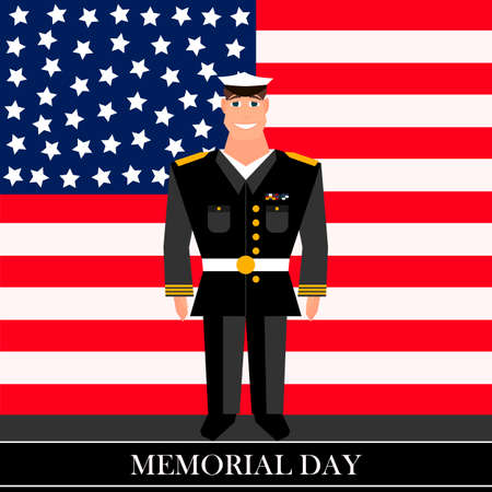 American military officer in the background on american flag in style of cartoon  and flatのイラスト素材