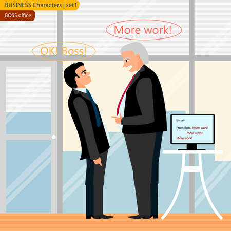 Boss screaming more work at office working in the style of cartoon and flat, isolated on a white backgroundのイラスト素材