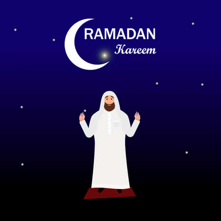 Islamic man with beard in a white robe praying at night in cartoon style flat isolated on white backgroundのイラスト素材